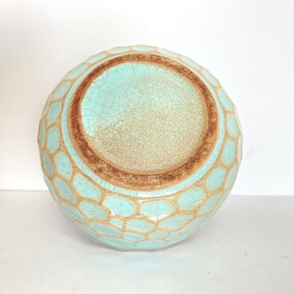 Vintage Celadon Blue Green Honeycomb Glazed Covered Bowl Lid Trinket Box 3.2" - Picture 9 of 11